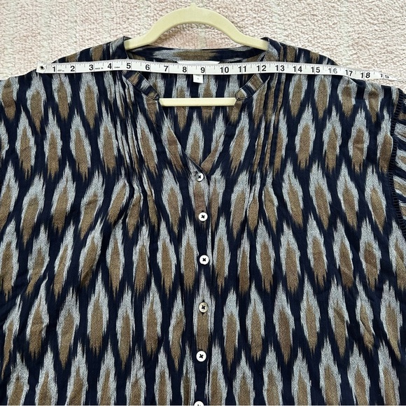 Garnet Hill Navy Tan Ikat Blouse Top 100% Cotton Puff Sleeve Size Small Fall - Picture 7 of 12